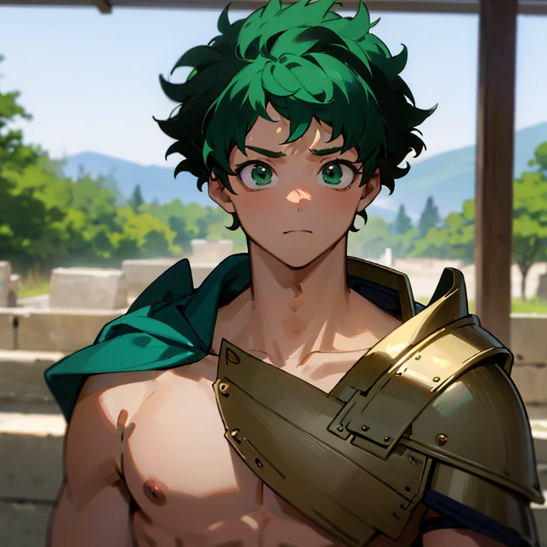 portrait, 1 chico, 13 years, armor, guerrero, Izuku Midoriya, elegant, greek model, blonde boy, green eyes, symmetrical green hair, atlético, shirtless, focus on the boy, medium shot, looking to the camera, film grain, Greek young god, beauty, pose, Super model, Greek young god beauty, representation of a Greek god, glorious, majestic, supreme, nature, artistic portrait, artistic pose, Photography Award. 