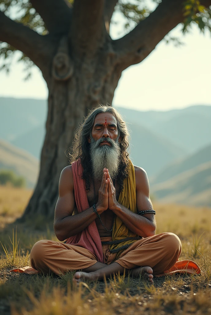 The sadhu praying silently** with folded hands and closed eyes, preparing to use his spiritual strength on the tree.