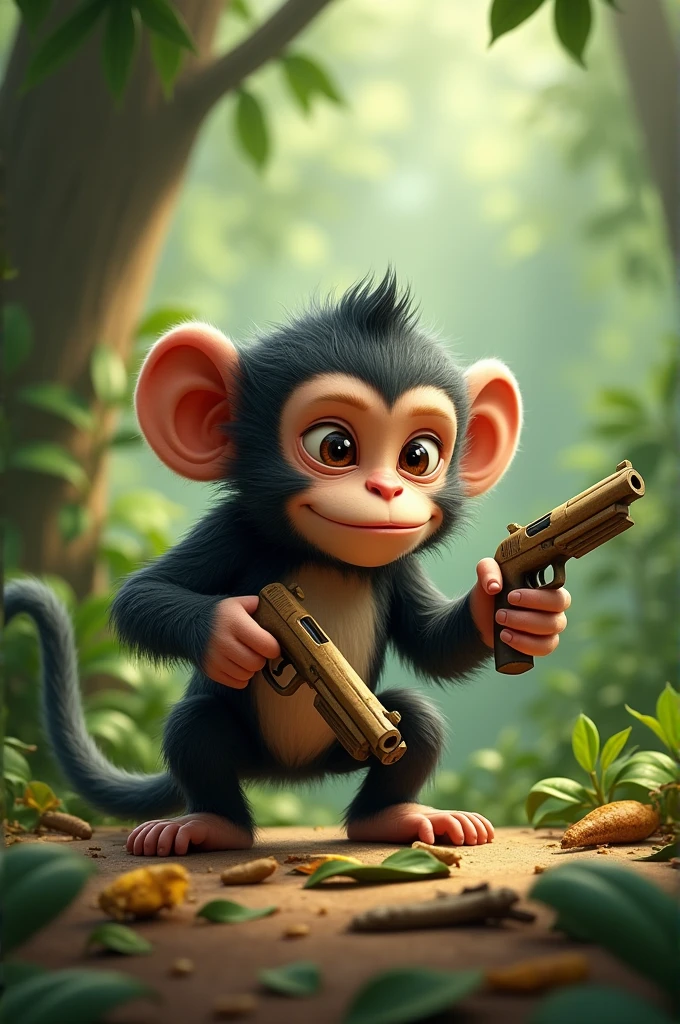 The monkey organizing a game of 'Gun-making' using leaves and sticks