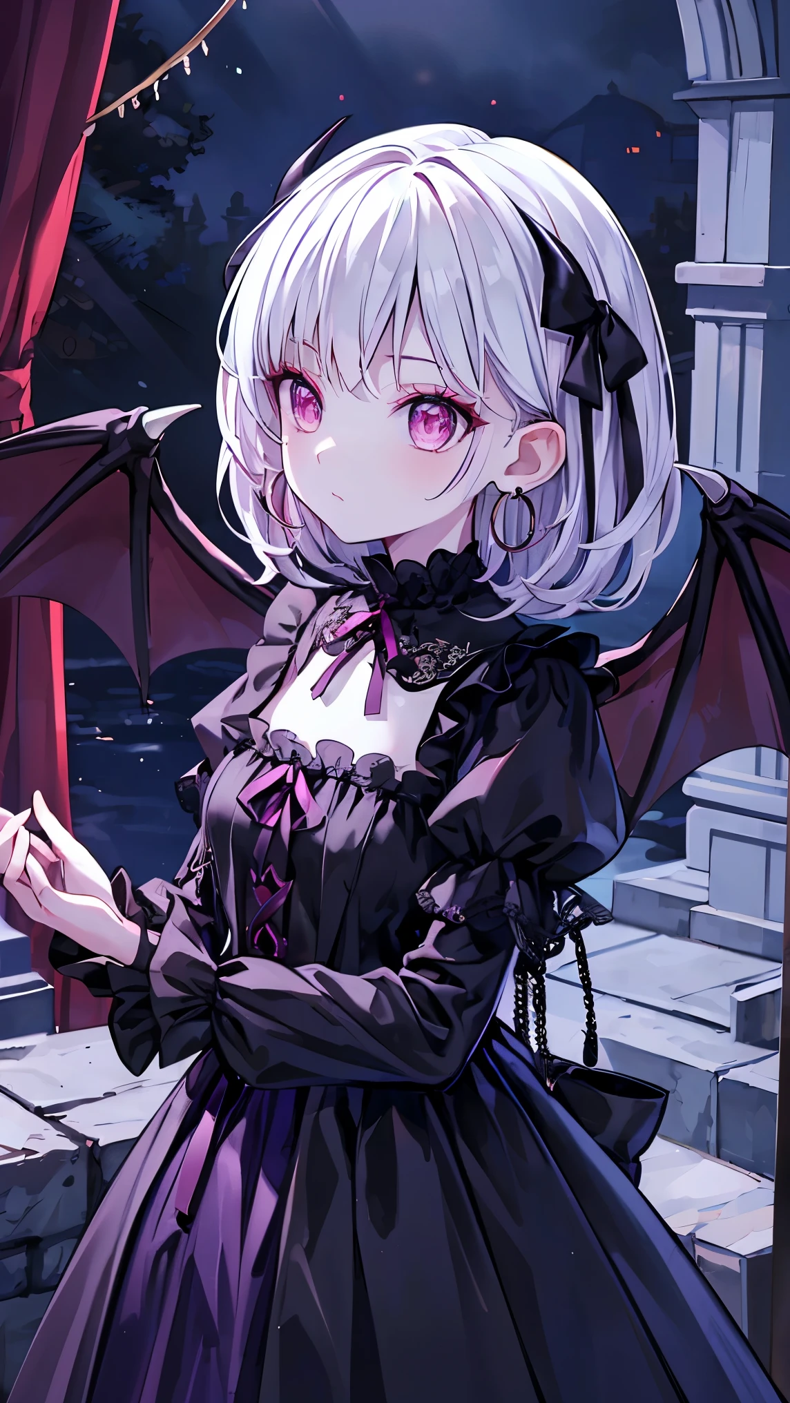 ((masterpiece)), ((best quality)), perfect detailed eyes, perfect detailed face, white hair, medium hair, forehead jewel, hollow eyes, hoop earrings, big ribbon, makeup, turn pale, white skin, shaded, Baroque, cinematic lighting, high quality, accurate, 8k, Vampire, gothic ****ta style dress, dark blue dress, bats in the background, dark fantasy, horror, Candlelight on a dark night, old castle, abandoned castle, spider web in the background