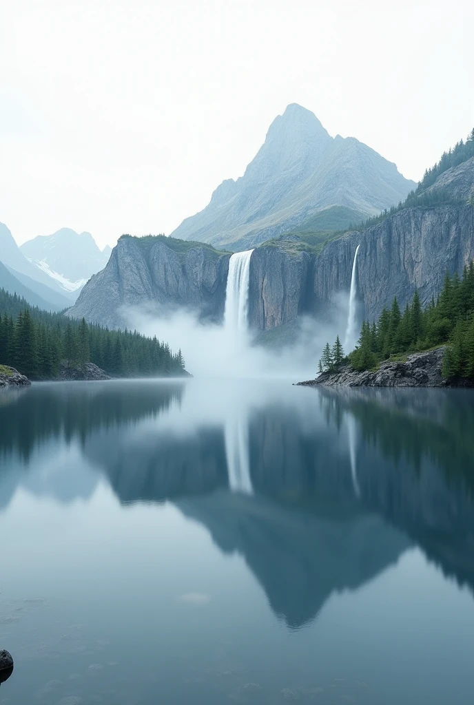 Picture of a mountain with a high waterfall falling down and splitting into two paths., stillness, peace, (best quality,4K,8ก,height,Masterpiece:1.2),Very detailed,(realistic,photorealistic,photo-realistic:1.37),Stunning lake landscape,Serene atmosphere,white background, no background