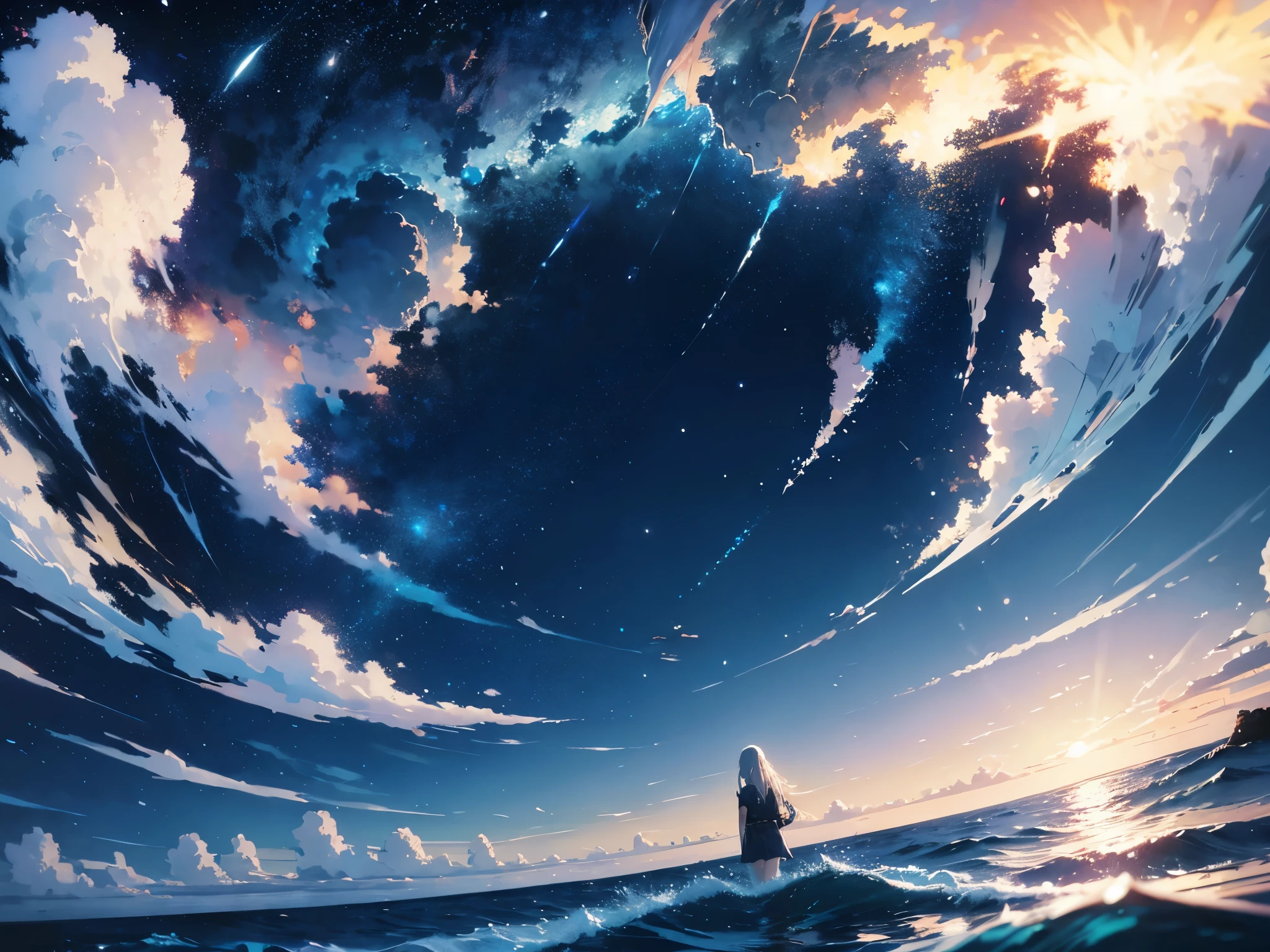 A beautiful, pale blue sea,night,A beautiful planet seen behind,pc wallpaper