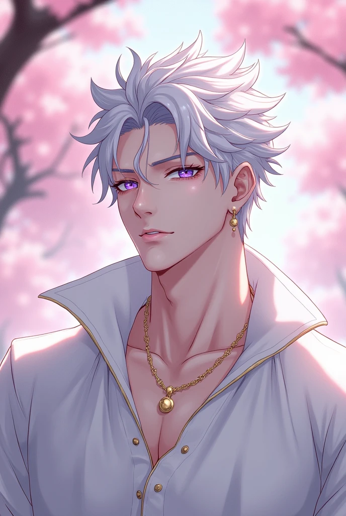 anime character, White hair, spiky hair, Pale skin, purple eyes, Long white eyelashes, male, muscular, white small earrings, big glossy lips, cherry blossom trees, grey eyebrows, white sweater, golden necklace