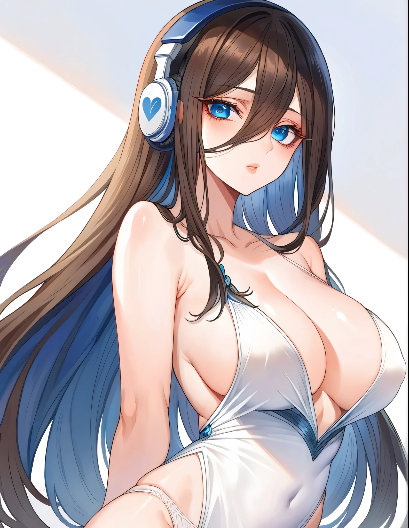 1girl, elegant erotic beautiful girl, big breasts, ((brown hair)), maxi dress, adultery, indecent, vulgar, Nakano Miku, intricate details, delicate facial features, beautiful blue eyes, ulzzang, long eyelashes, small nose, full lips, porcelain skin, natural lighting, warm color palette, chiaroscuro lighting, dramatic shadows, sensual, alluring, mature themes, artistic, dreamlike, ethereal, ((arms behind back)), thigh highs, ((white panties)), sideboob, cleavage, looking at viewer, ulzzang, (blue eyes), sexy, submissive, orgasm,headphones,