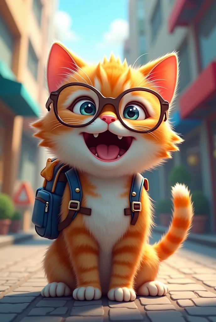 there is a cat with glasses and a backpack on the street, smileeeeeee, adorable digital painting, the cat is smiling, realistic anime cat, anime cat, hyper real render, cute detailed digital art, kawaii cat, a cat is smiling, smiling cat, hyper real photo, cyborg kitten, cyberpunk cat, cute digital art, anthropomorphic cat, funny cat