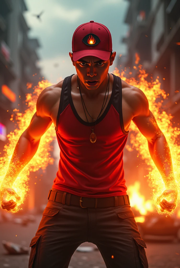 a man real teenage age . 19 Malaysia Indonesia.(orange eyes) Glowing eyes. Anger face. Open mouth. . wearing an (ruby red black ) singlet cyberpunk dress , (ruby red) cap with small logo (flame) logo. anger face . Dramatic.ruby red singlet ,(ruby red)cargo pant,, detailed face, cinematic lighting, dramatic atmosphere,.hot day. vibrant colors, 8k, high quality, photorealistic. Hero suit. fire flame from his hand. Glowing fireblast ember element from hand, ember everywhere . Glowing hand fire , flame patern logo design . Very strong. Future design dress. Very epic. Very hot background.. dark sky. Very strong . fire very strong . Flying burn dry leave everywhere.. fire ball sharp shape power from hand .rasengan . At city. Damage building. Floating small rock everywhere.