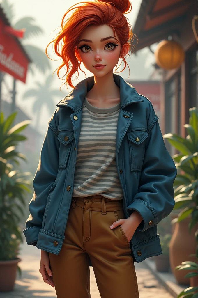 Girl, red hair and updo, grey and white striped shirt, blue jacket,Brown eyes, brown pants and sneakers 
