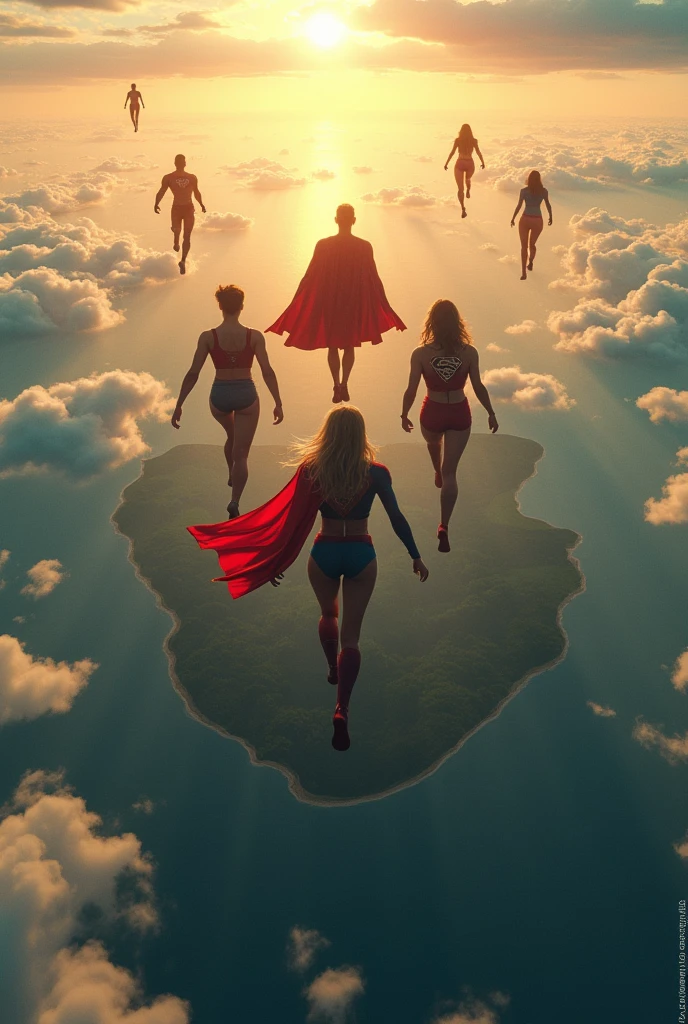 Create an image of several superheroes and heroines flying over the state of Bahia in Brazil from very high up, with the outline of the state in the background