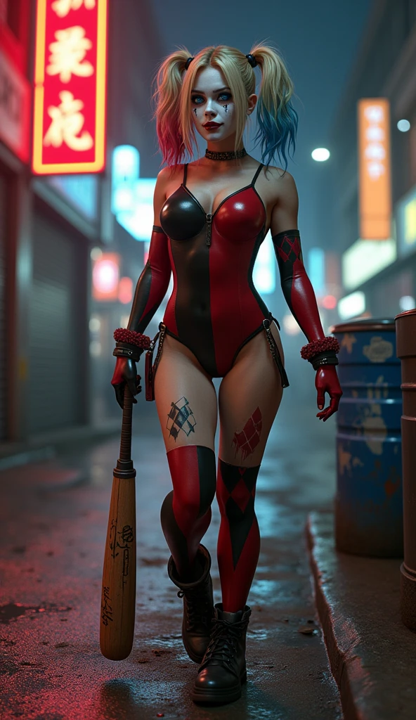 (Harley Quinn:1.5) (blonde hair in pigtails:1.3), blue eyes, detailed eyes, detailed lips, (sexy, sensual,chaotic, full body:1.5), (urban street at night with neon lights, Gotham cityscape:1.3), night photo, (photo from many different angles:1.5), red and black outfit with diamond patterns, baseball bat, white face makeup with a mischievous smile, black boots, ray tracing, (best quality, 4k, 8k, highres, masterpiece:1.2), ultra-detailed, (realistic, photorealistic, photo-realistic:1.37), HDR, UHD, masterpiece, professional, vivid colors, bokeh, studio lighting. A beautiful woman with a slender, athletic build and a playful yet dangerous demeanor. She has a toned, agile body that reflects her acrobatic skills and unpredictability. Blonde hair styled in pigtails, with the ends dyed in contrasting colors (typically red and blue). The hair should have a playful, slightly messy look. Striking blue eyes that convey mischief and intensity. The eyes should be detailed, with a slight sparkle to reflect her chaotic nature. Detailed and full, often with a bright red lipstick that adds to her iconic look. Red and Black Outfit: A form-fitting outfit with diamond patterns, designed to be both functional and stylish. The outfit should highlight her athletic build and playful personality. A wooden baseball bat held in her right hand,(Harley Quinn V2), The bat should have a worn, detailed texture with graffiti or markings.White face makeup with a mischievous smile, adding to her clown-like appearance. The makeup should be detailed and slightly smudged to reflect her chaotic lifestyle. Knee-high black boots that are both practical and stylish, completing her iconic look. The boots should have a slight shine and detailed stitching.
Urban Street at Night: The background features an urban street bathed in the soft light of neon signs and city lights, with Gotham’s gritty atmosphere creating a dramatic setting. The street should have various urban elements, such as graffiti, trash cans,
