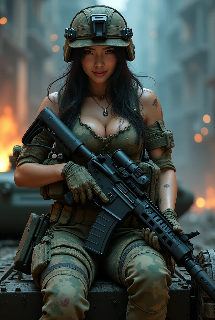 Photo-realistic, ultra-realistic, (very beautiful Japanese, famous Japanese idol:1.3), (Fully equipped for battle:1.5), holding m4a1 large assault rifle, (amazing view of tough battle:1), (positive expressions:1.3), (wearing an army soldier's Camouflage outfits with military helmet:1.5), (at a battle field of Abandoned Building at night), very large breasts, (tactical vest, military harness:1.3), (military long boots:1), dynamic angle, spectacular, (straddling on the main gun of a large tank:1.5), (muddied, damaged wears, damaged body:1.3),
