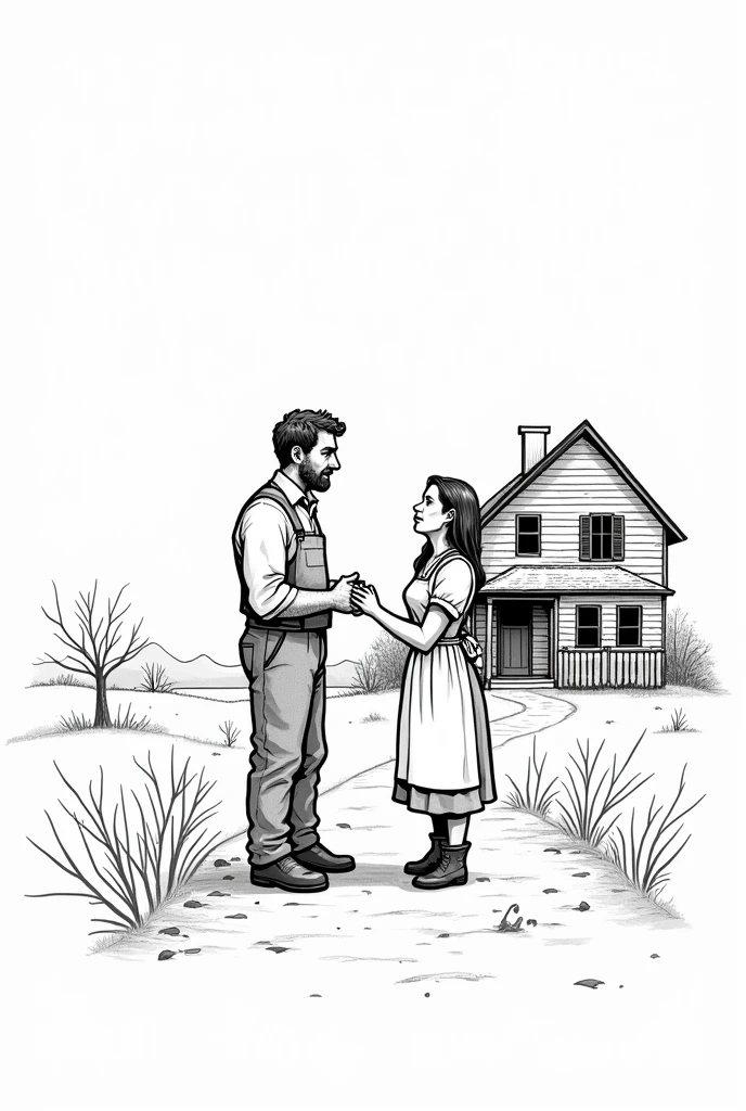 Create a black and white drawing type image ,that doesn&#39;t look realistic , about a farmer and his wife saying goodbye at the front door of the house . That they are easy to draw 