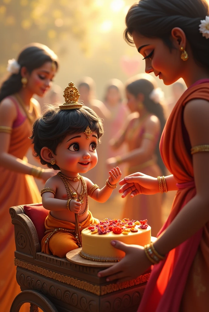 Janmashtami birthday chhote se Krishna paalki background maa cake khila the huye muhe se chak lga huga hath me bansuri sari gopiya bharatri banate hue