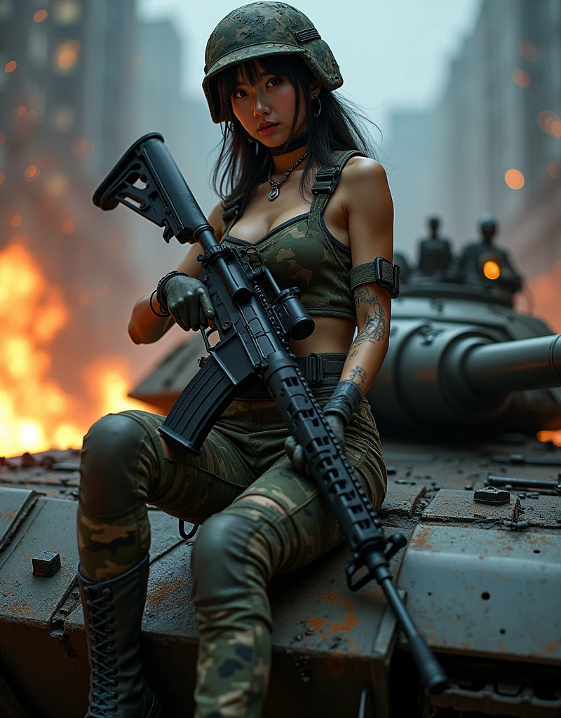 Photo-realistic, ultra-realistic, (very beautiful Japanese, famous Japanese idol:1.3), (Fully equipped for battle:1.5), holding m4a1 large assault rifle, (amazing view of tough battle:1), (positive expressions:1.3), (wearing an army soldier's Camouflage outfits with military helmet:1.5), (at a battle field of Abandoned Building at night), very large breasts, (tactical vest, military harness:1.3), (military long boots:1), dynamic angle, spectacular, (straddling on the main gun of a large tank:1.5), (muddied, damaged wears, damaged body:1.3),