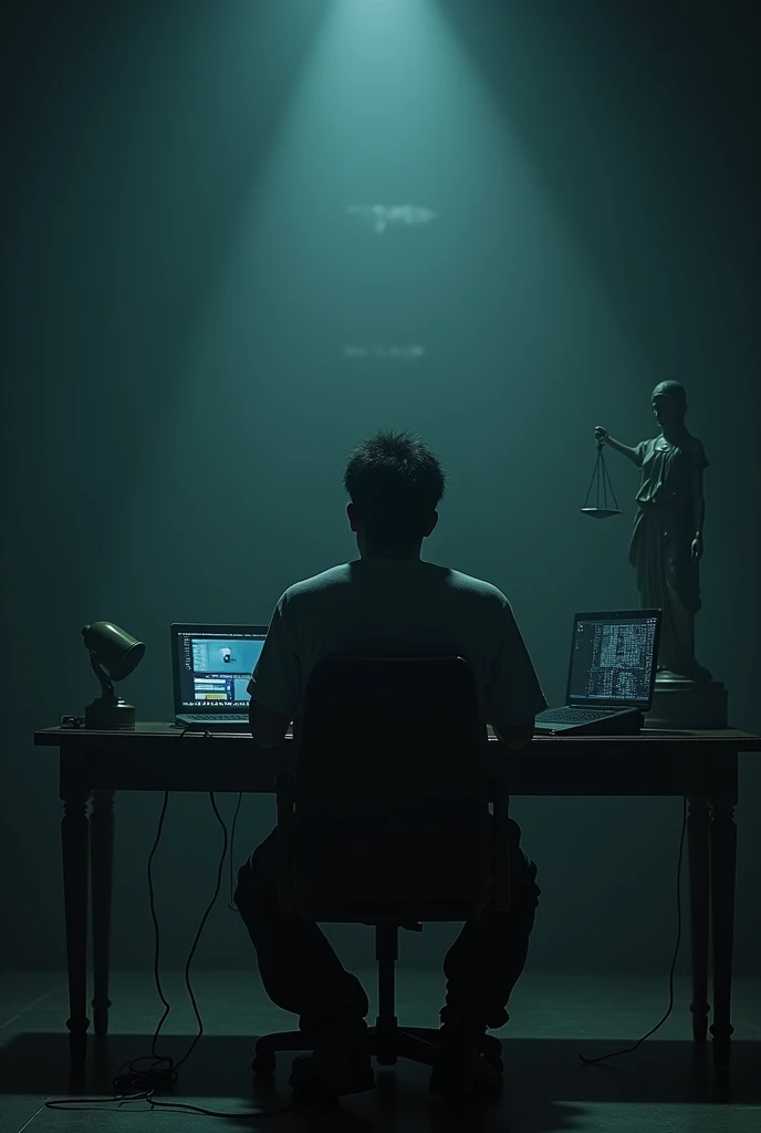 Anjaam Pathira movie psycho home with 7 hacking devices and a chair and statue of blind law in table. a man sadly sit in front of the table in a chair. i need show man face angel side