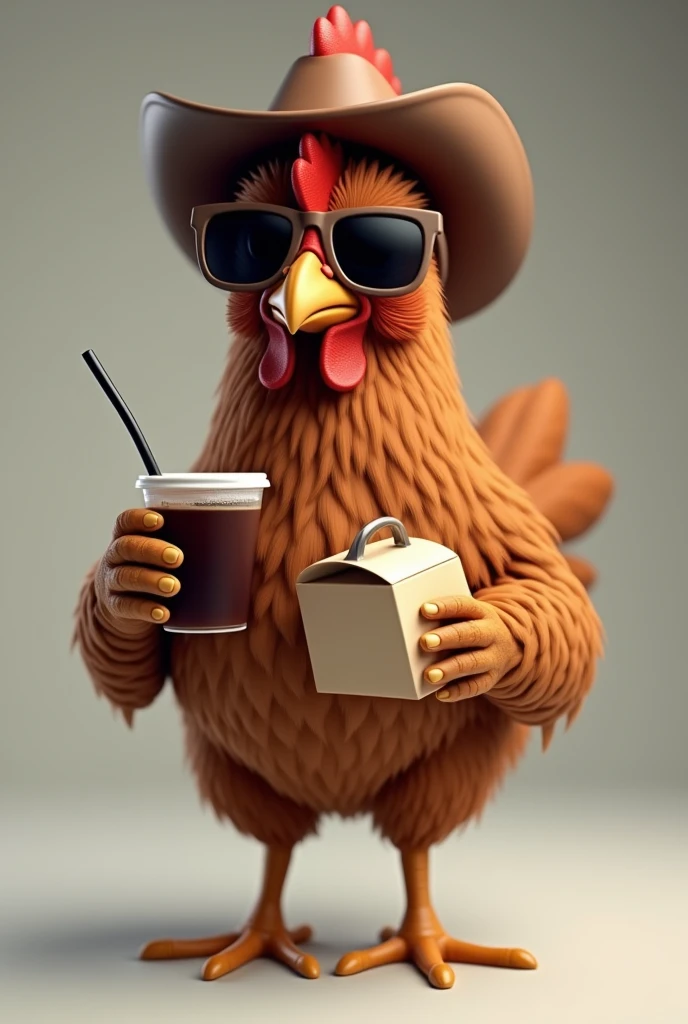 A brown chicken wearing a sunglasses and brown cowboy hat while drinking black juice holding meal box