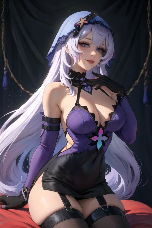 masterpiece, best quality, ultra detailed, dynamic angle, watercolor and oil painting fusion, hot black artwork, white line art, beautiful woman, 1 woman, older woman, black swan, beauty, perfect anatomy, perfect eyes, perfect fingers, perfect hands, anime girl, black high gloves, thick black stockings, sexy dress, tight, thighs, purple hair, seductive smile, room background, soft, seductive, hot, spicy,