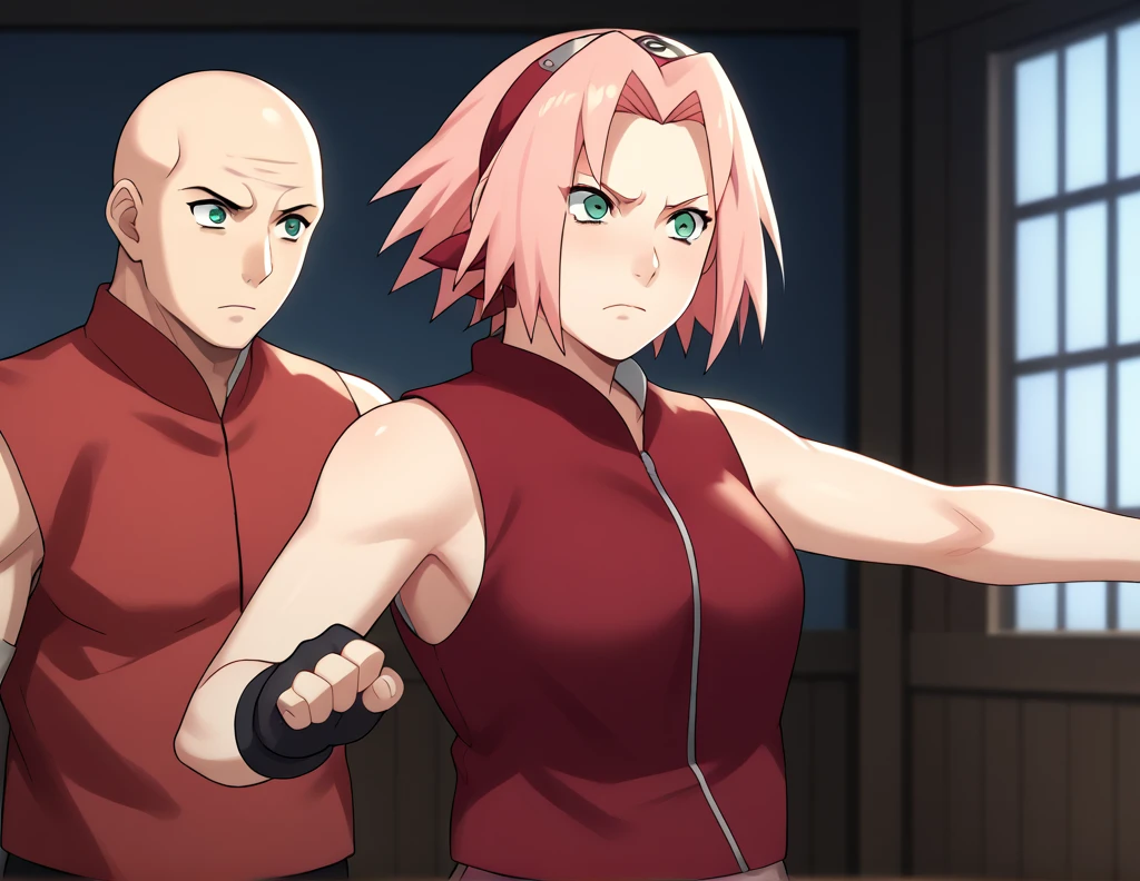 BREAK, source_anime,
1girl, haruno sakura, pink hair, short hair, green eyes, sleeveless, red shirt, forehead protector, beautiful legs, black gloves, pussy, bottomless, upper body, beautiful body, konohagakure background, figthing pose, punching. BREAK 1boy caucasian-skinned bald boy, bald male, penis, imminent rape, naked, indoors, bedroom, night time, Window