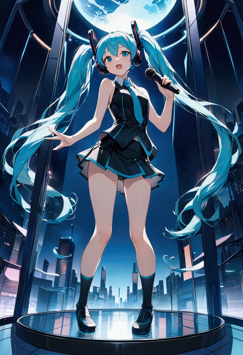 (Hatsune Miku,Light blue hair,Twin tails,No sleeve,tie,mini skirt,socks),((Blue is the predominant color)),(Shining futuristic city at night,Night view,Cyber World),(Dynamic pose,Standing on a glass stage,Cool look,singing,Holding a microphone)