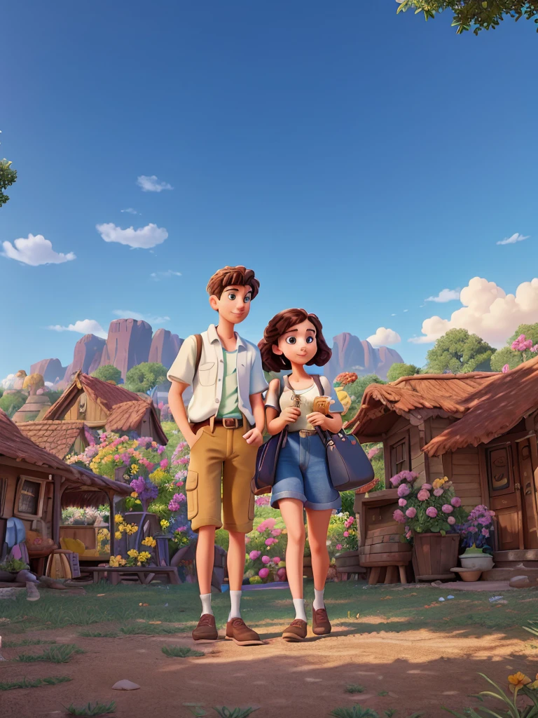 A movie poster inspired by Disney Pixar's unique digital art style. Young man with young woman in summer environment. The background should be rich in vibrant colors, complemented by meticulous textures reminiscent of Pixar's renowned animations.