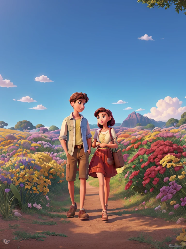 A movie poster inspired by Disney Pixar's unique digital art style. Young man with young woman in summer environment. The background should be rich in vibrant colors, complemented by meticulous textures reminiscent of Pixar's renowned animations.