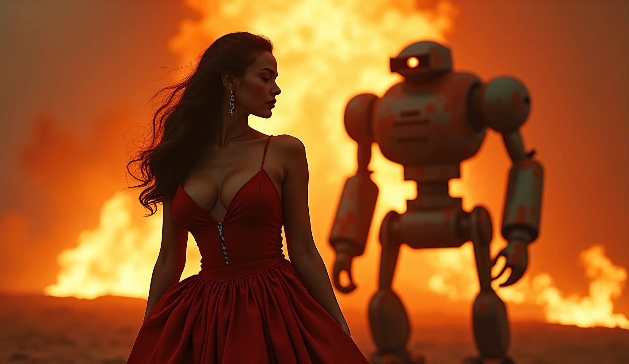 (masterpiece.UHD.photorealistic. Analog photography.1950 stytle)in a dystopian Neo retro futuristic world. A dramatic fiery scene, fire art, dramatic lighting, a voluptuous hourglass body European woman. Full lips.age 23.epic cleavage. (100E size) , detailed intricate face, long flowing hair. Dresses like a 1950 mother. burning flames, intense orange and red colors, strong chiaroscuro lighting, cinematic composition, ultra-detailed, hyper realistic, seamless. In the background a 1930 clunky and rusty evil war robot.
