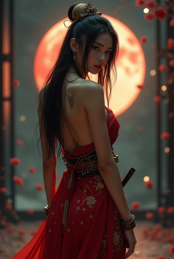 samurai woman, ((masterpiece, highest quality, Highest image quality, High resolution, Raw photo, 8K)), ((Extremely detailed CG unified 8k wallpaper)), (huge stunning goddess shot, very hot and sexy, full body, jaw-dropping beauty, perfect proportions, beautiful body, slim body beauty:1.4), black hair, shy, black hair, nervous, Posing for the camera, Wearing a revealing dress capturing the whole body from head to toes, bending over, photorealistic, 16k, 8k, 4K, award winning