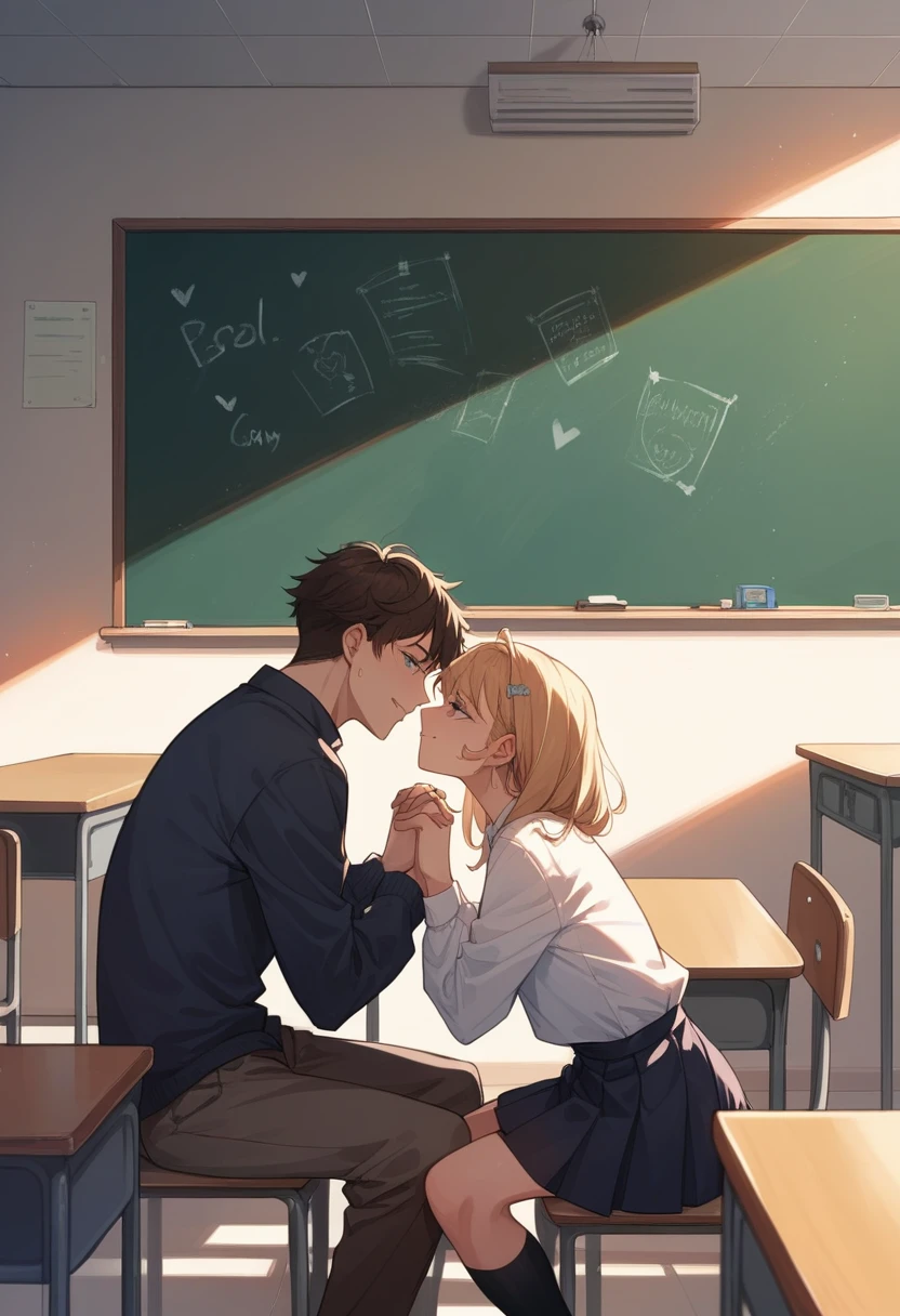masterpiece, Highest quality, High resolution, Boy and girl student,、innocently holding hands infront of blackboard inside a classroom