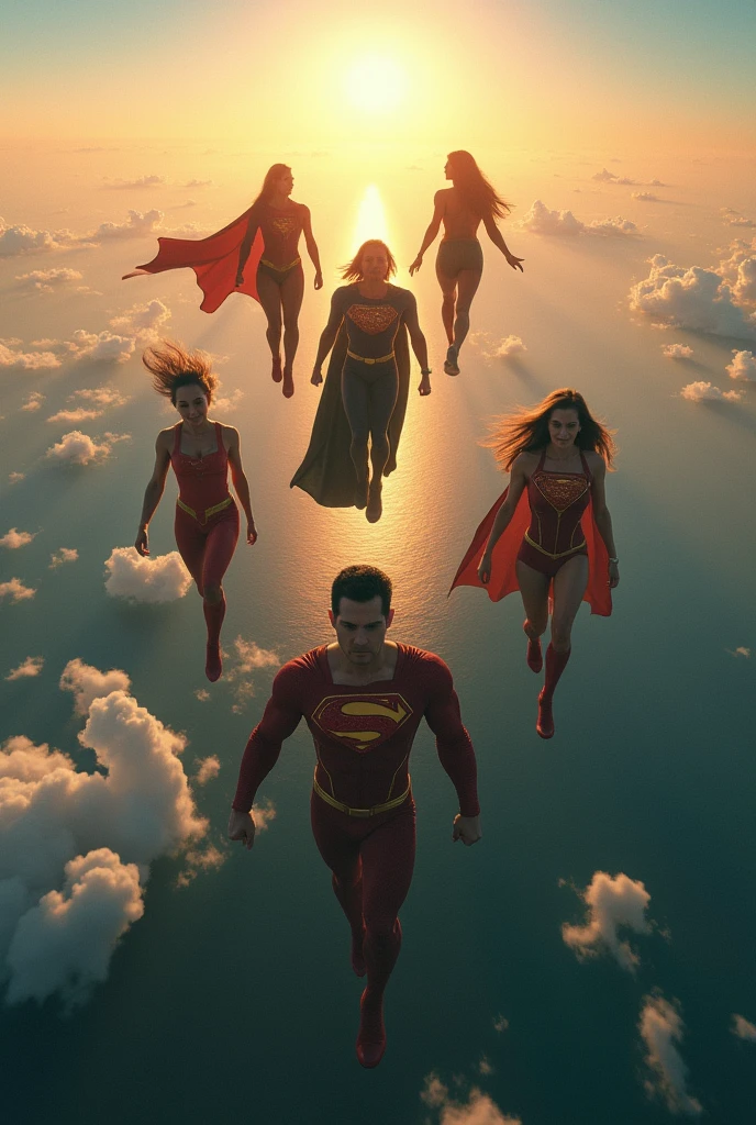 Create an image of several superheroes and heroines flying over the state of Bahia in Brazil from very high up, with the outline of the state in the background