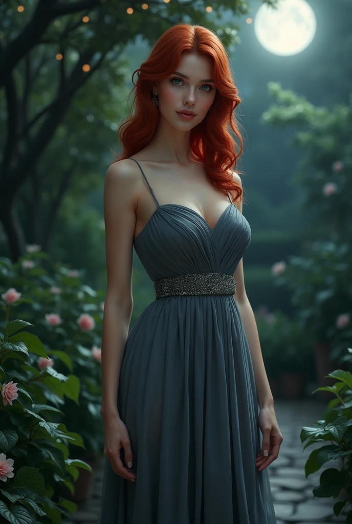 White woman, , She is wearing an elegant grey dress., Red hair, beauty, big ass, garden in the background at night. big chest. Whole body