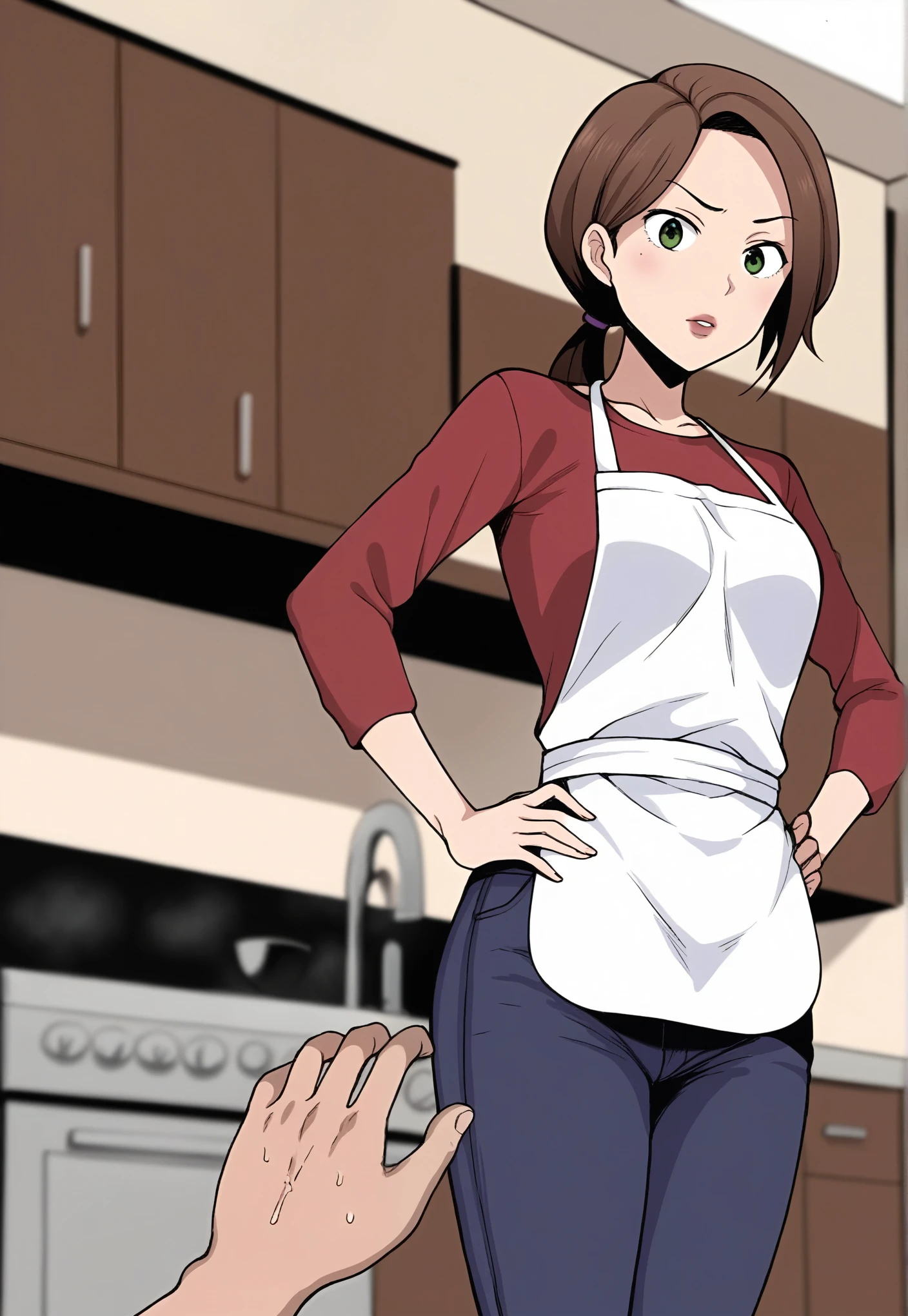 score_9,style by terasu mc BREAK kitchen,blurry background,depth of field BREAK pov hands,mori_kaede_\(terasu_mc\),from below,looking down,hands on own hips,white apron,skinny jeans,tight pants,disappointed,looking at viewer,brown hair,side_ponytail,green eyes,lips,