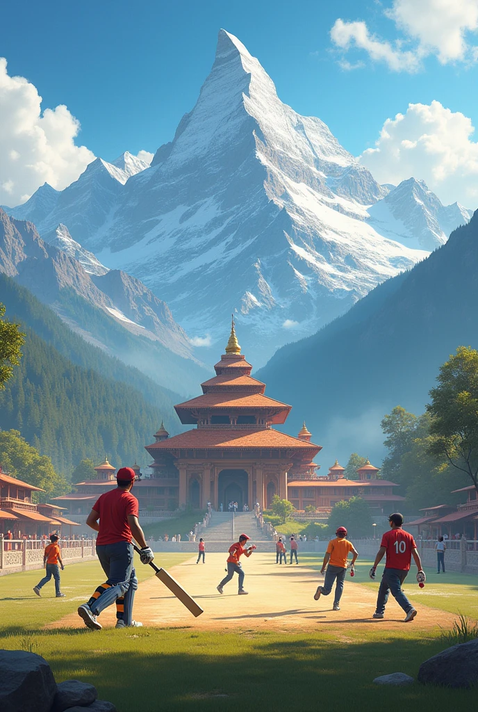 Playing cricket with a background of mountain with h temple on it and with some house