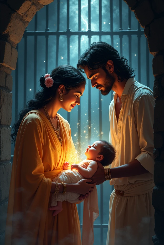 Generate a Image whrre krishna born and devki aur Vasudeva krishn father in prison