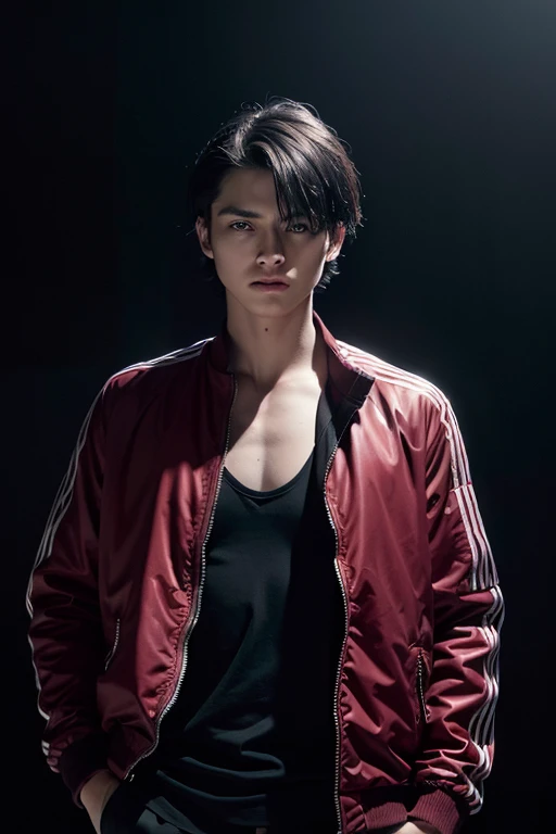 Best quality, masterpiece, ultra high res, (photorealistic:1.4), raw photo, 1 young man, short black hair neatly ,blue eyes, detailed eyes and face, Black red Adidas jacket , dynamic lighting, in the dark, deep shadow, low key, cowboy shot full-lenght body
