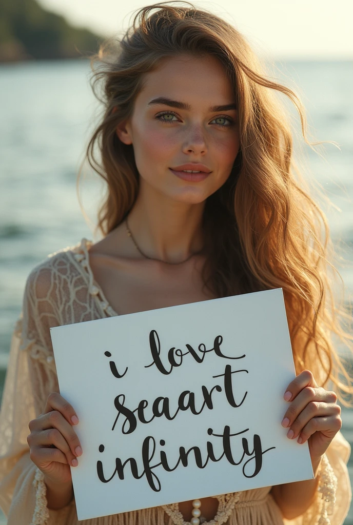 Beautiful girl with wavy long hair, bohemian dress, holding a white board with text "I Love Seaart Infinity" and showing it to the viewer