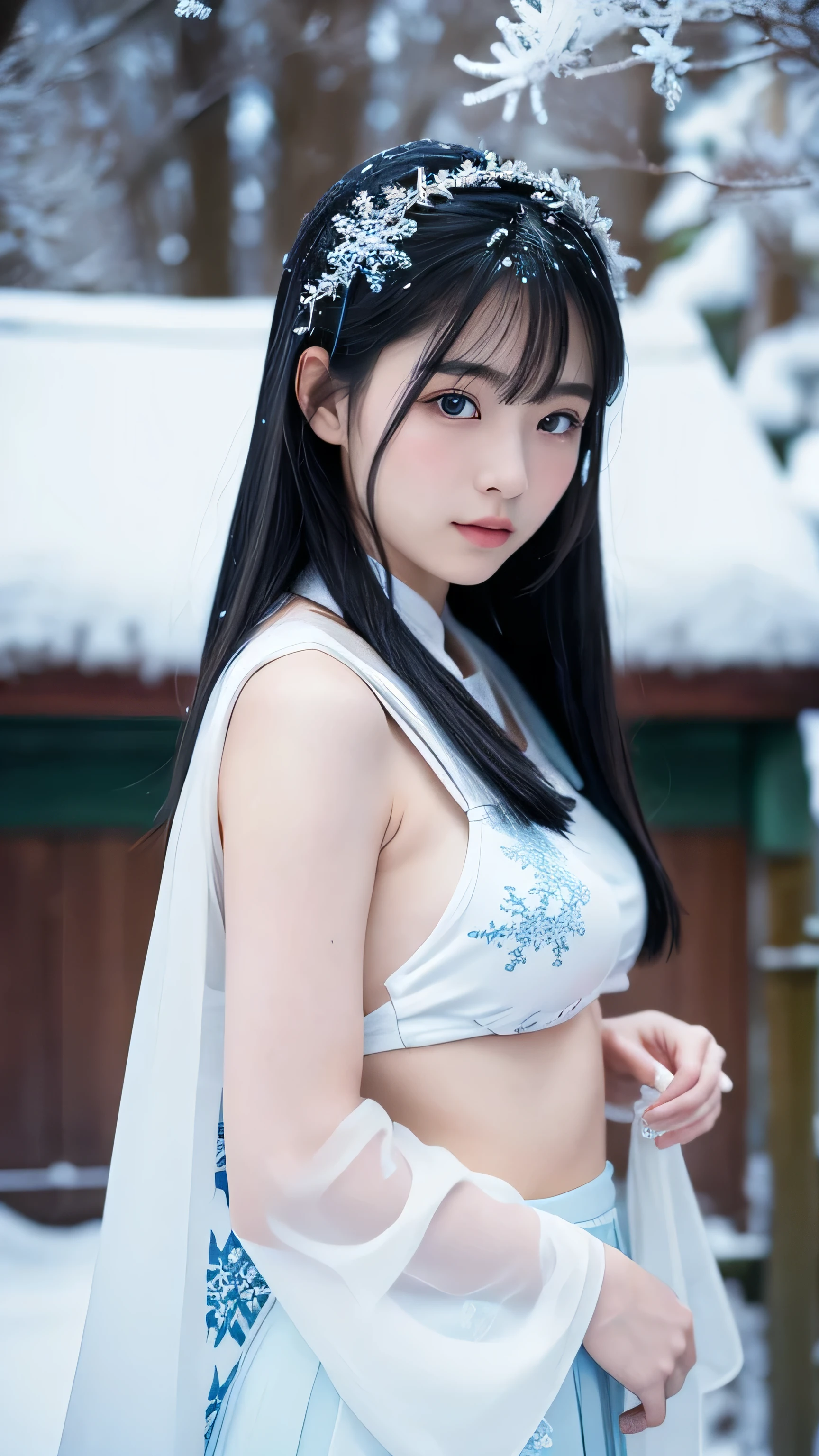 She wears a sleek, stylish bikini that perfectly complements her ethereal appearance. The bikini is designed with intricate patterns that mimic traditional Japanese motifs, such as delicate floral designs and subtle fox imagery, all highlighted with shimmering gold accents that catch the light. The bikini's fabric has a soft, flowing quality, almost as if it’s woven from the very**Prompt:** Create an ultra-realistic 8K resolution image of Yuki-onna, the mythical figure from Japanese folklore, reimagined as the ultimate Japanese high school girl with an air of warmth and intimacy, as if she were a lover, while retaining her iconic features. Yuki-onna has her signature pale, almost translucent skin that softly glows, giving her an ethereal beauty. Her long, jet-black hair cascades down her back in sleek, straight strands, framing her delicate face and highlighting her mystical charm.
She is dressed in a classic Japanese high school uniform, featuring a crisp white blouse with a navy blue sailor collar and a pleated skirt. The uniform has subtle, delicate snowflake patterns embroidered along the edges, reflecting her icy origins. Her eyes, a mesmerizing icy blue, are filled with warmth and affection, looking at the viewer with a gaze that conveys deep emotion and connection. Her lips are curved into a gentle, loving smile, adding to her inviting and romantic presence.
The composition places Yuki-onna in a serene, snow-covered schoolyard, with snowflakes gently falling around her, creating a magical and peaceful atmosphere. She stands close, her posture relaxed and open, as if she's reaching out to take the viewer's hand or share a quiet moment together. The background is softly blurred, ensuring that Yuki-onna, with her tender expression and loving demeanor, remains the clear focus. The image beautifully merges her mystical, wintery essence with the warmth and closeness of a high school girl in love, creating a scene that is both enchanting and emotionally resonant.