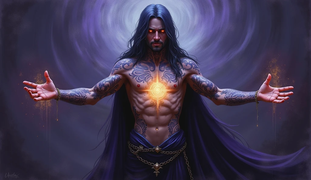 An exquisite dark fantasy painting depicting a mysterious figure revealing forgotten abilities. The figure, adorned with intricate tattoos, has their arms extended, revealing a glowing, mystical symbol. The background is a blend of deep purple and dark blue, with swirling patterns that evoke a sense of otherworldly magic and mystique., painting, dark fantasy, 