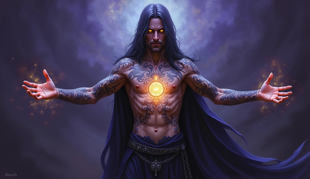 An exquisite dark fantasy painting depicting a mysterious figure revealing forgotten abilities. The figure, adorned with intricate tattoos, has their arms extended, revealing a glowing, mystical symbol. The background is a blend of deep purple and dark blue, with swirling patterns that evoke a sense of otherworldly magic and mystique., painting, dark fantasy,
