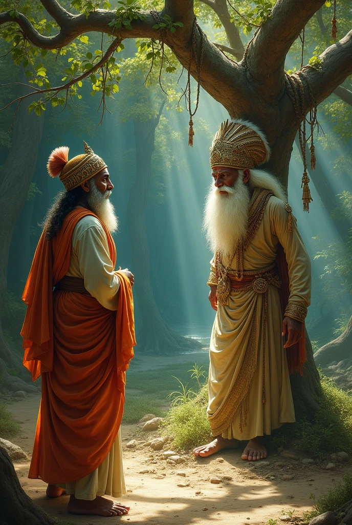 The saint watching in surprise** as the tree shakes from the sadhu’s power, showing admiration and a hint of challenge in his eyes.