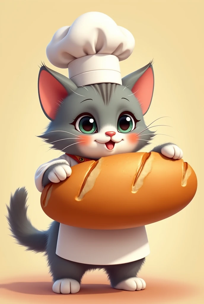 Kitten with grey fur, orange and white ,holding a big loaf of bread in a chef's uniform ,all cartoon style