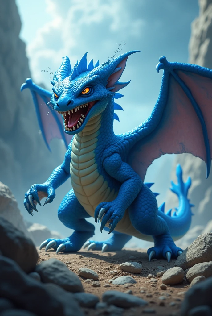 Make a baby dragon, cerulean, with four legs, two wings and cub. can't be cute