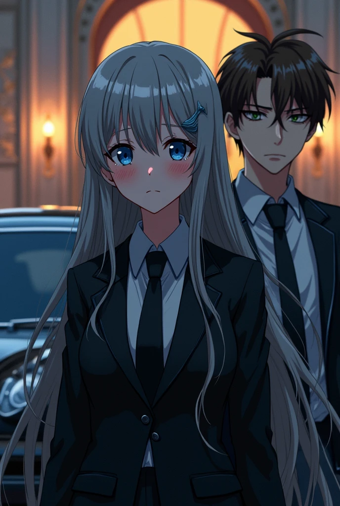 A 17-year-old anime girl with long gray hair and blue eyes in a black suit gets out of a luxurious black car and stands in front of a palace. Her eyes are filled with tears and her cheeks are red. Standing next to her is a 2 young man with brown hair and green eyes with sharp, serious features.