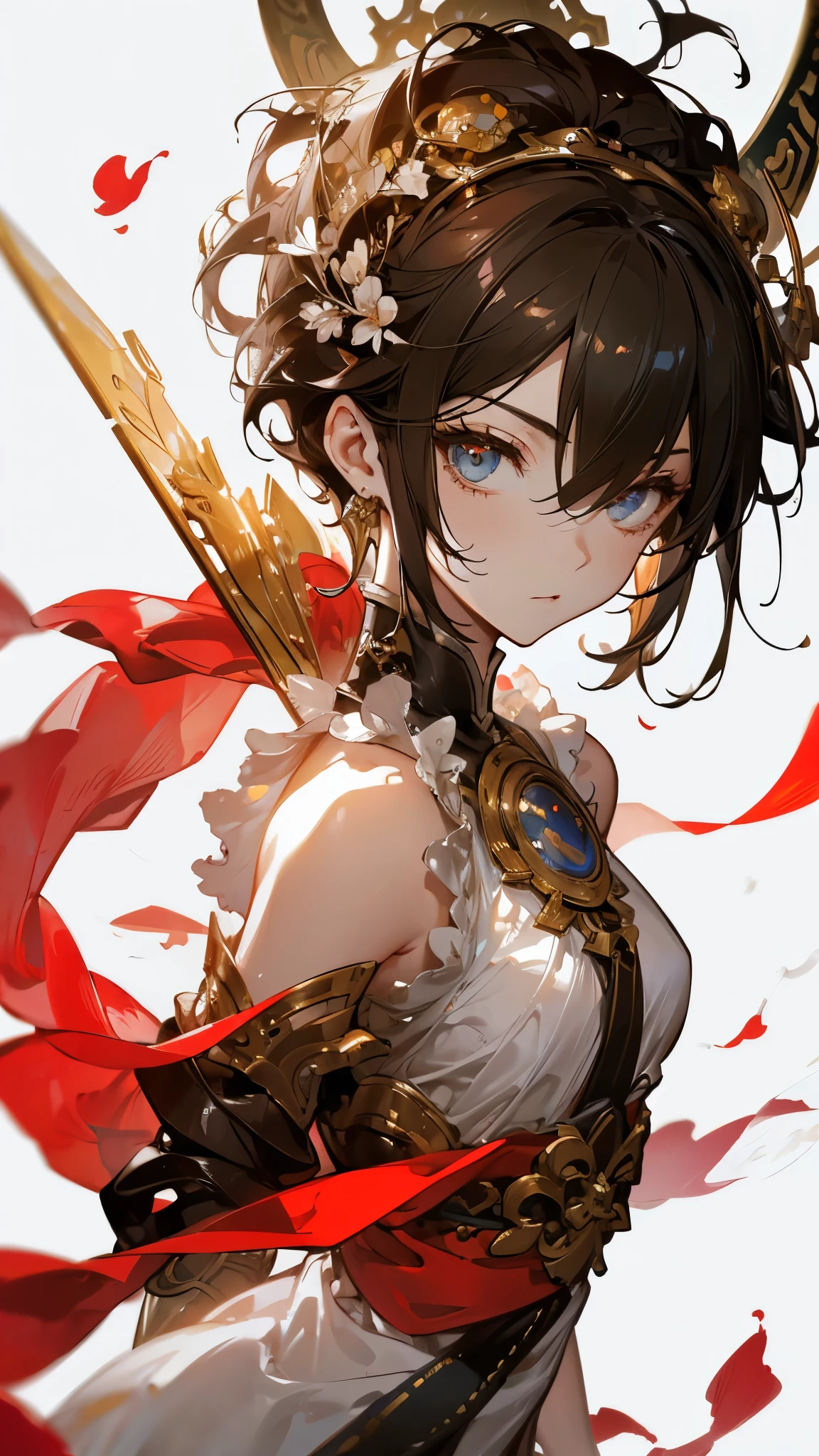 ((masterpiece, best quality)), Epic battlefield atmosphere,Journey to the West,Sun Wukong,Petals falling,A meticulous face,Standing image,Perfect body proportions,Stylish short hair,beautiful eyes,Fantasy style,White background,