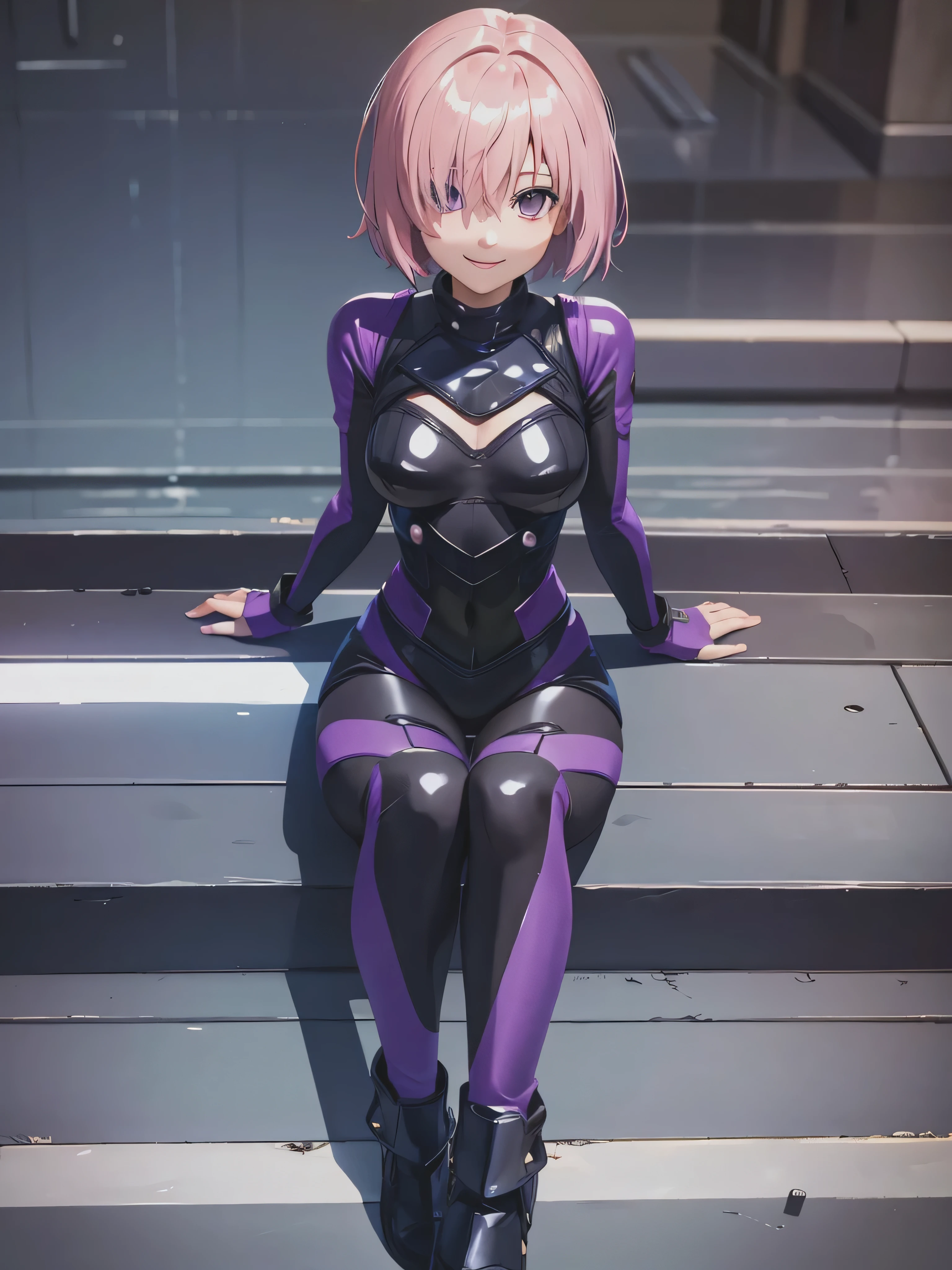 mash_Kyrielight, smile, Bodysuits, Sitting,, (masterpiece, Highest quality, detailed:1.3)