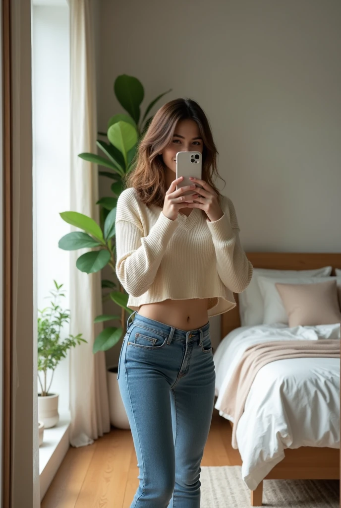 A young Caucasian woman in her twenties with slightly wavy, shoulder-length brown hair is standing in her modern bedroom. She is wearing high-waisted, fitted, slightly faded blue jeans that show off her legs. She chose a cream-colored cropped sweater with long sleeves, revealing part of her flat stomach, creating a casual and trendy look. Her hair falls naturally around her face, framing her delicate features. She holds her smartphone with one hand in front of a large wall mirror, capturing a photo of herself up close, with a sweet and natural smile on her face. Her pose is slightly tilted, highlighting her slender figure and casual style. The room is modern with neutral colors, minimalist furniture, and a potted green plant in the corner. The large framed mirror reflects part of the room, adding depth to the scene. Natural light enters through a large window to its left, gently illuminating the room and creating a bright and welcoming ambiance. Details like a soft rug, cushions of different textures on the bed, and a designer bedside lamp complete the decor of this contemporary and warm bedroom.