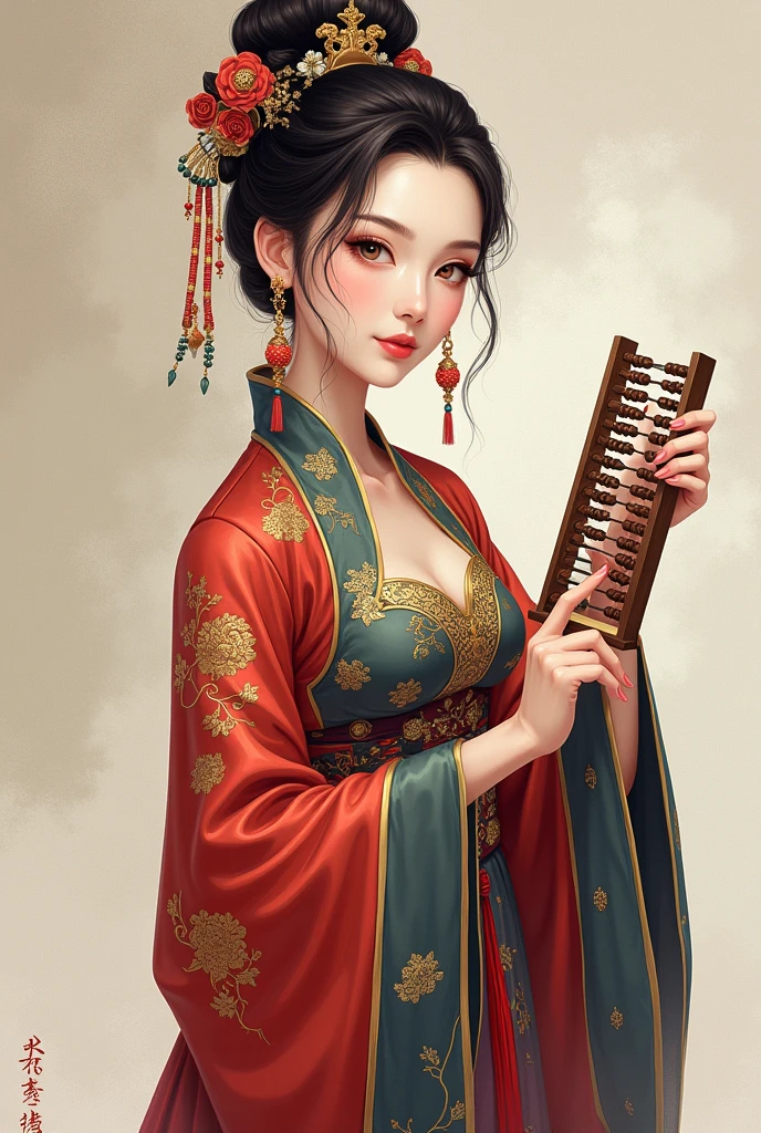 Drawing a portrait drawn on an iPad. A woman wearing an ancient Chinese costume, holding an abacus, a beautiful face, sharp eyes, a good figure, no need to draw too realistically. Ancient Chinese novel cover image.