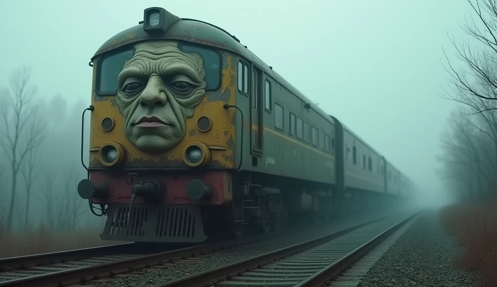 Best quality, masterpiece, railway background, train with human face, old train, peeling paint, wrinkled face, expressionless face, sci-fi, detailed science, life science, wearing oriental complex traditional costume, detailed image texture, eerie, horror, creepy atmosphere (not AI image), cloudy weather, fog, low color image, creepy, character filling the screen, image viewed from different angles