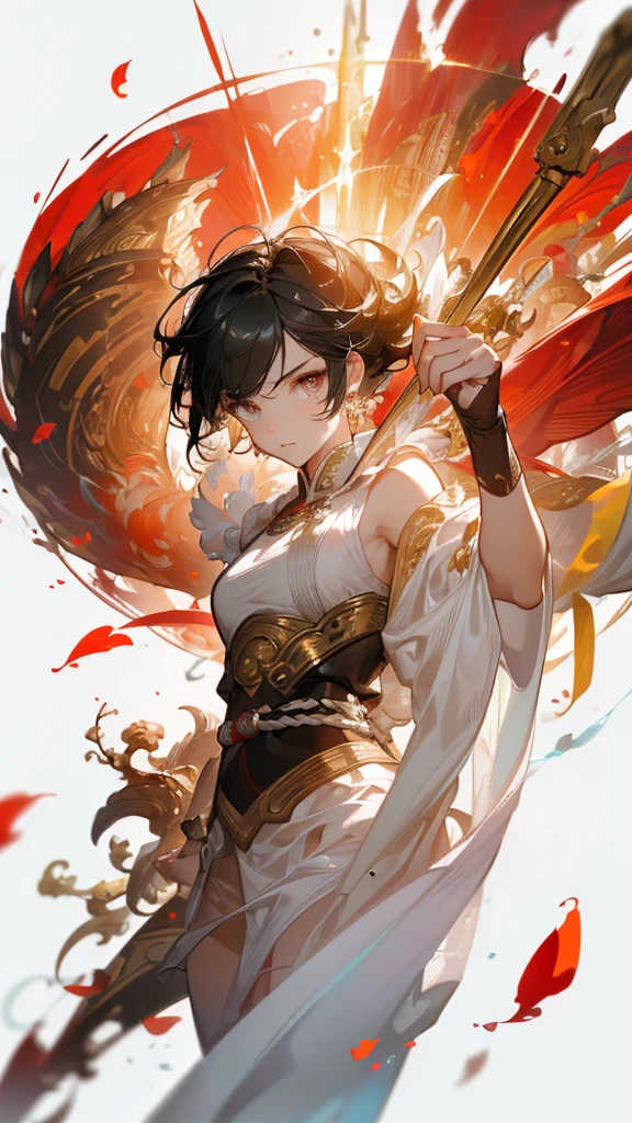 ((masterpiece, best quality)), Epic battlefield atmosphere,Journey to the West,Sun Wukong,Fighting Buddha,Petals falling,A meticulous face,Standing image,Perfect body proportions,Stylish short hair,beautiful eyes,Fantasy style,White background