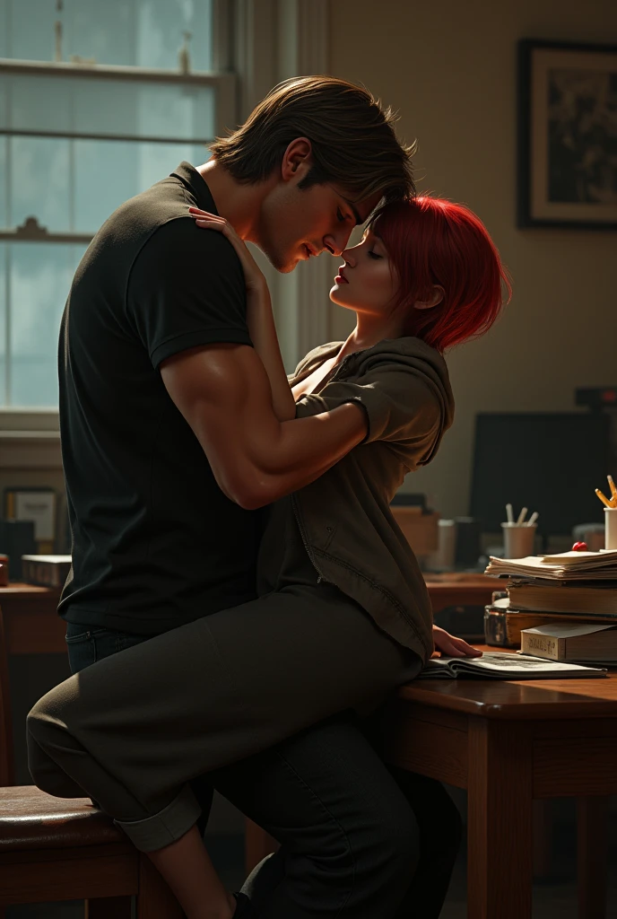 Leon S Kennedy from the Resident Evil video game, having sex with a student on the desk, the student has short red hair down to her shoulders 