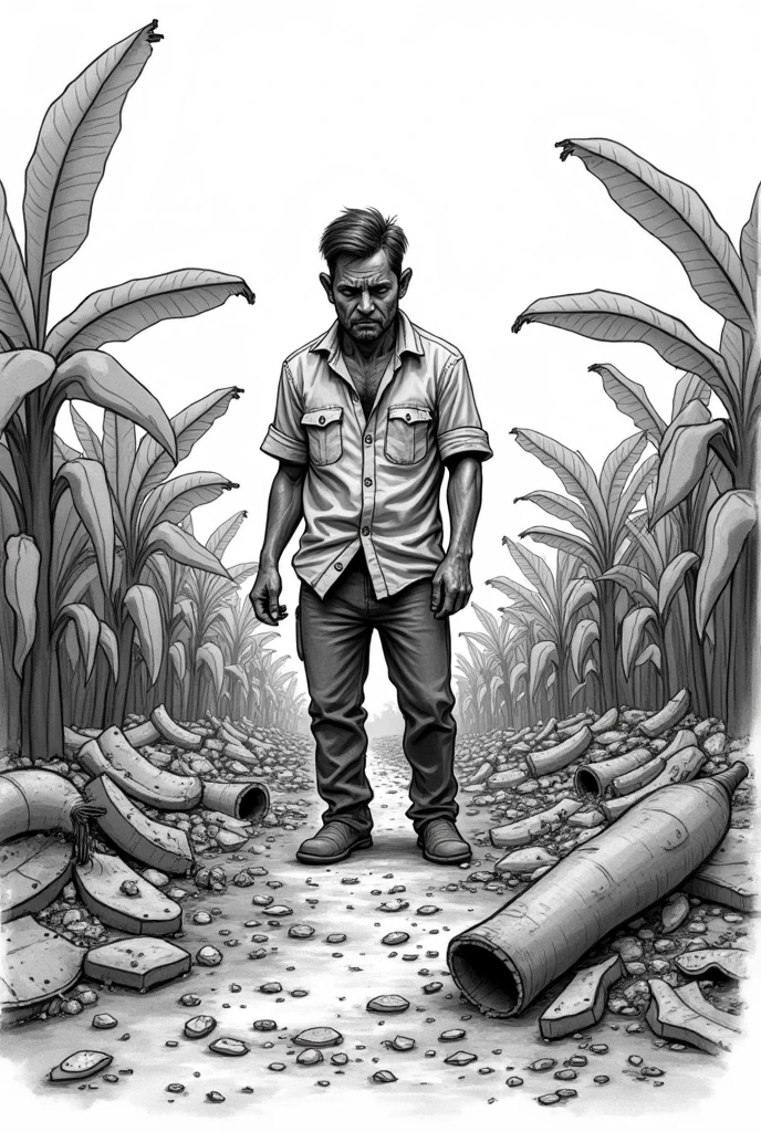 Create a black and white drawing type image ,that doesn't look realistic , about a farmer exhausted by the sight of his banana plantation being damaged and falling to the ground . That they are easy to draw