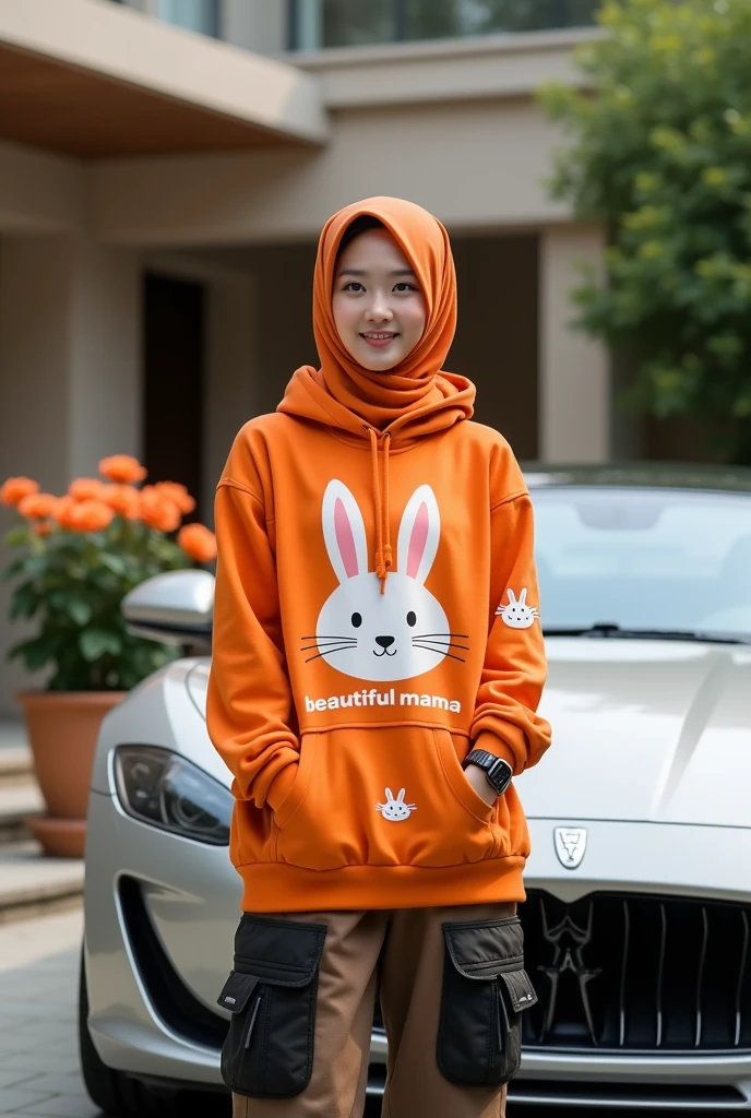 Beautiful Korean girl with smooth white skin. Well-groomed face, orange hijab with rabbit motif, orange hoodie decorated with rabbits, beautiful mama logo, cargo pants with lots of black pockets, cool watch, standing with his back to the luxury car while smiling faintly, facing the camera, in the background is a large luxury house, there are roses blooming in it. in a pot, original and realistic photo